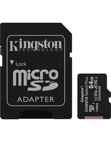 Kingston Select Plus SDHC 64GB, Read 100MB/S, Class 10, SD Adapter (SDCS2/64GB)