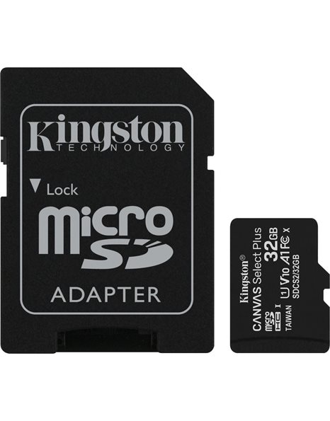 Kingston Select Plus SDHC 32GB, Read 100MB/S, Class 10, SD Adapter (SDCS2/32GB)
