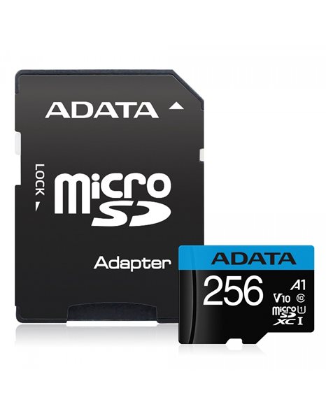 ADATA Premier 256GB MicroSDXC/SDHC, V10 UHS-I U1 Class10, (Read)100MBs/(Write)25MBs, With Adapter (AUSDX256GUICL10A1-RA1)