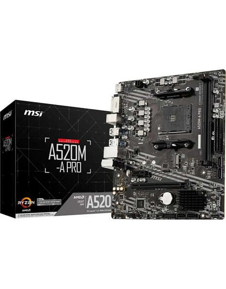 MSI A520M-A PRO, AMD, Socket AM4, M-ATX, 2xDDR4, 4xSATA3, M.2, RAID, GLAN, USB3.2, HDMI, DVI (7C96-001R)