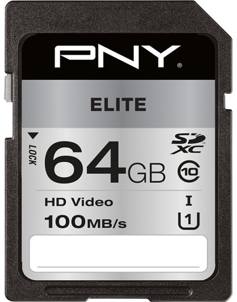 PNY Elite Flash Memory Card 64 GB, 100MBps (Read), Black Gray (P-SD64GU1100EL-GE)