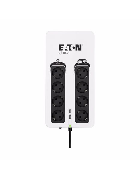 Eaton 3S850D, 850VA, 510W, 4 Schuko, 4 Schuko surge only, USB charge 2, Tower Black/White (3S850D)