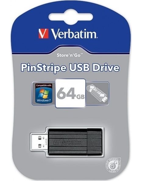 Verbatim PinStripe 64GB USB 2.0 Flash Drive, Black (49065)