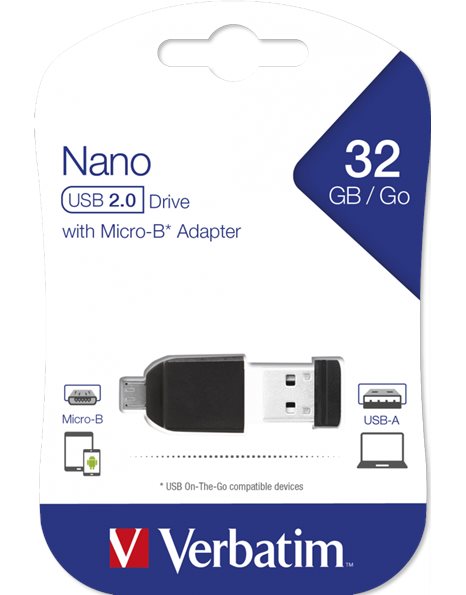 Verbatim Nano 32GB USB 2.0 Flash Drive with Micro USB (OTG) Adapter, Black (49822)