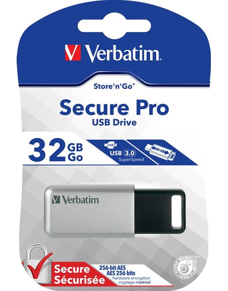 Verbatim Secure Pro 32GB USB 3.2 Flash Drive, Silver (98665)