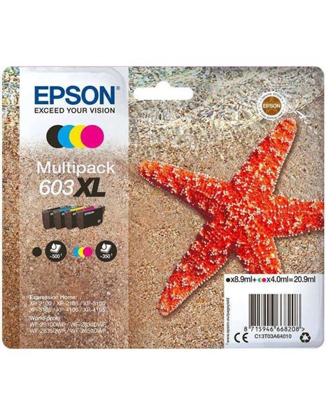 Epson 603XL Multipack 4 Colours Ink, Black, Cyan, Magenta, Yellow (C13T03A64010)