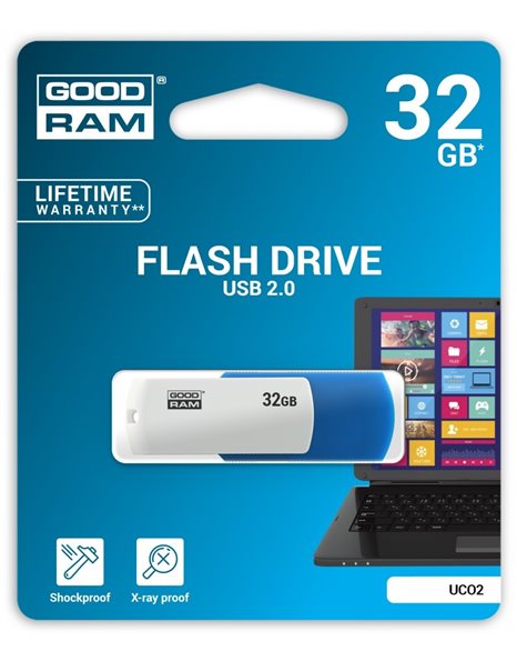 GoodRAM UCO2 32GB USB 2.0 Flash Drive, Blue & White (UCO2-0320MXR11)