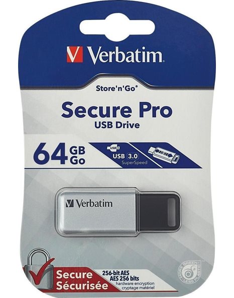 Verbatim Secure Pro 64GB USB 3.2 Flash Drive, Silver (98666)