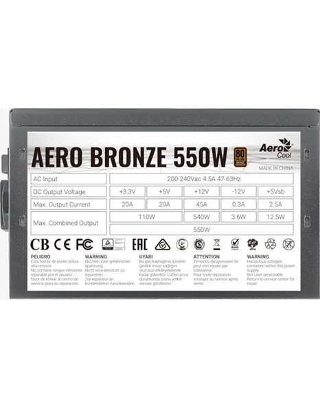 Aerocool Aero Bronze Power Supply 550W, 80+ Bronze, 120mm Fan, Black (ACPB-AR55AEC.11)