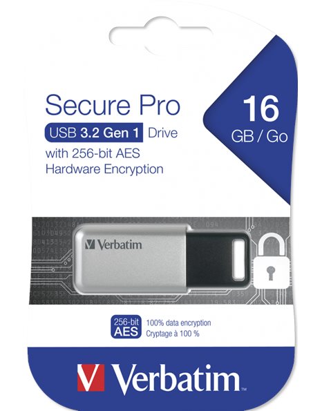 Verbatim Secure Pro 16GB USB 3.2 Flash Drive, Silver (98664)