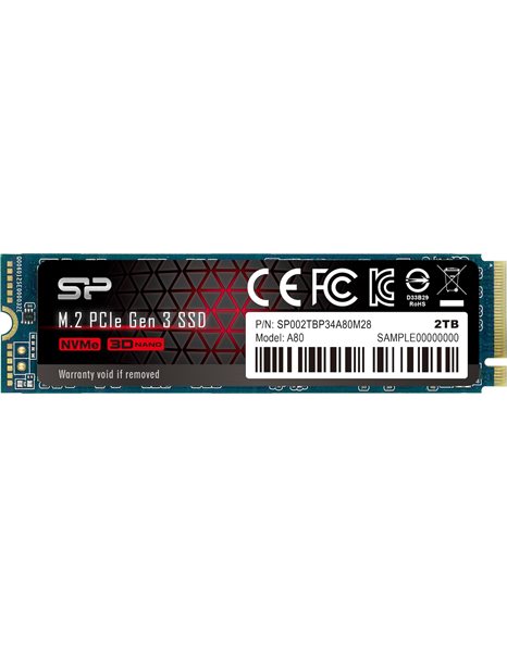 Silicon Power P34A80 2TB SSD, M.2 PCIe, 3400 MBps (Read)/3000 MBps (Write) (SP002TBP34A80M28)