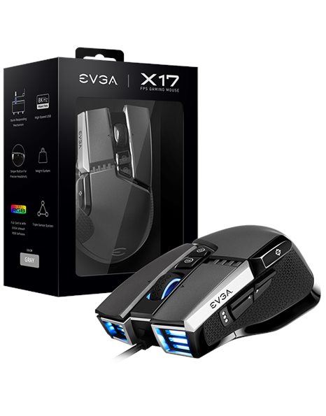EVGA X17 Gaming Mouse, Wired, Grey, Customizable, 16,000 DPI, 5 Profiles, 10 Buttons, Ergonomic (903-W1-17GR-K3)