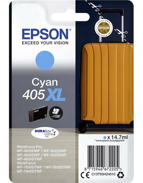 Epson 405XL Durabrite Ultra Ink, Singlepack, Cyan (C13T05H24010)