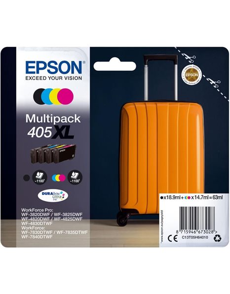Epson 405XL Original High (XL) Yield DURABrite Ultra Ink Cartidges, Multipack, Black/Cyan/Magenta/Yellow (C13T05H64010)