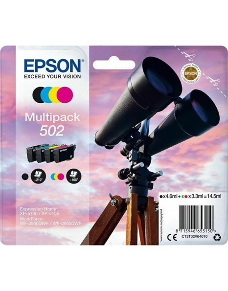 Epson 502 Ink Cartridge Multipack, Black, Cyan, Magenta, Yellow, 210 Pages Black/165 Pages Color (C13T02V64010)