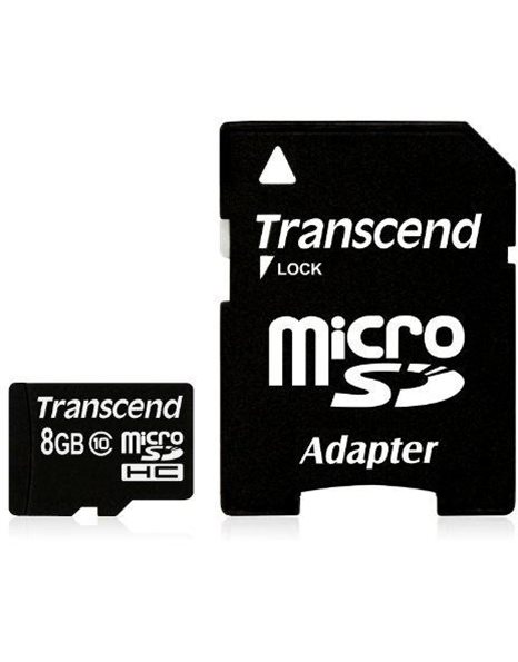 Transcend 8GB Class 10 microSDHC Flash Memory Card With Adapter, Black (TS8GUSDHC10)