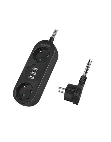 LogiLink Power Strip 2-Way, 2x CEE 7/3 & 3x USB-A, Textile Cable, Black (LPS262U)