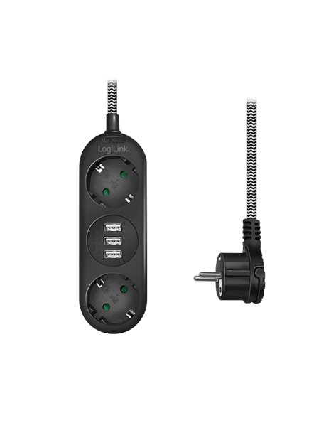 LogiLink Power Strip 2-Way, 2x CEE 7/3 & 3x USB-A, Textile Cable, Black (LPS262U)