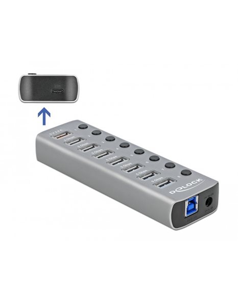 Delock USB 3.2 Gen 1 Hub with 7 Ports + 1 Fast Charging Port + 1 USB-C PD 3.0 Port with Switch and Illumination (63264)