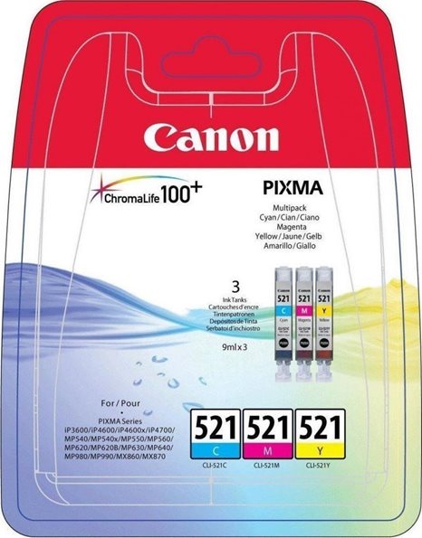 Canon CLI-521 Ink Cartridges, Cyan/Magenta/Yellow, Multipack (2934B010)