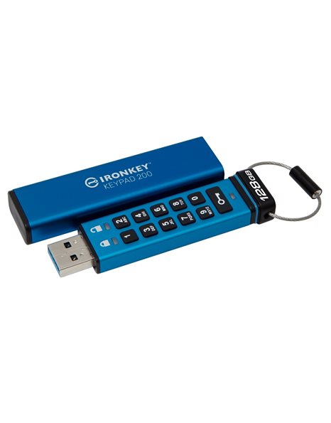 Kingston IronKey Keypad 200 Hardware-Encrypted USB Flash Drive, USB 3.2 Gen 1, 128GB, Blue (IKKP200/128GB)