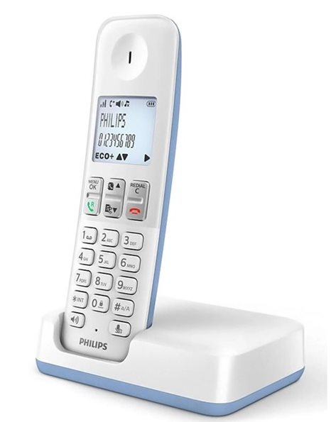 Philips ασύρματο τηλέφωνο D2501S-34, με ελληνικό μενού, λευκό-μπλε (D2501S-34)