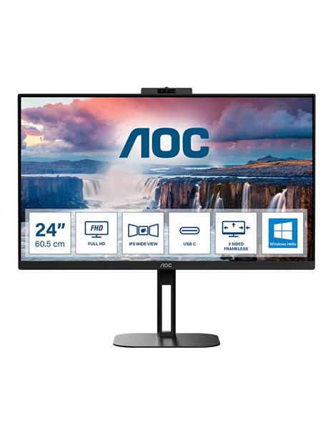 AOC 24V5CW/BK, 23.8-Inch FHD IPS Monitor, 1920x1080, 16:9, 1ms, 1000:1, USB, HDMI, DP, Webcam, Speakers, Black (24V5CW/BK)