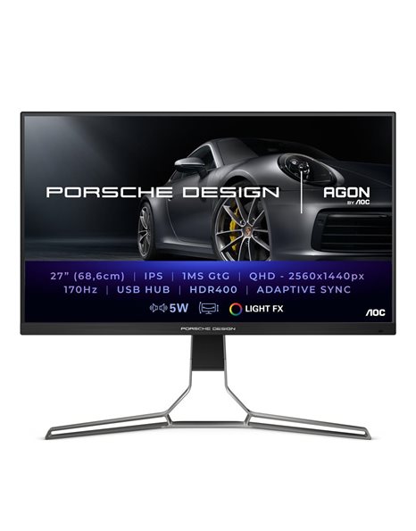 AOC Agon PD27S Porsche Design, 27-Inch QHD IPS Gaming Monitor, 2560x1440, 170Hz, 16:9, 1ms, 1000:1, USB, HDMI, DP, Speakers, Black/Grey (PD27S)