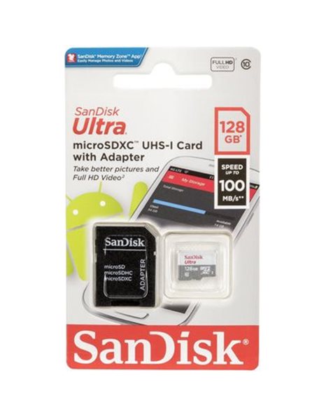 SanDisk Ultra microSDHC UHS-I, 128GB, Class 10, 100Mb/s, Adapter (SDSQUNR-128G-GN3MA)