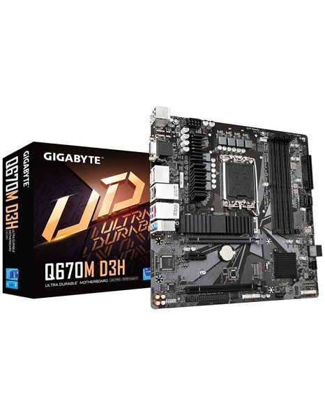 Gigabyte Q670M D3H (rev. 1.0), Intel, Socket 1700, mATX, 4xDDR5, 4xSATA3, M.2, RAID, 2.5GLAN+GLAN, USB3.2, HDMI, DP, VGA (Q670M D3H)