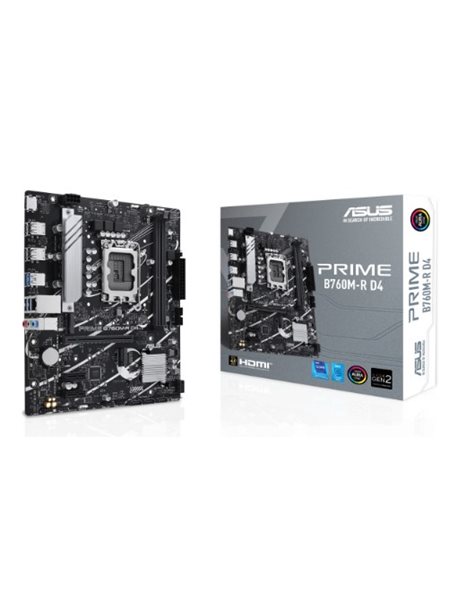 Asus Prime B760M-R D4, Intel, Socket 1700, mATX, 2xDDR4, 4xSATA3, M.2, RAID, 2.5GLAN, USB3.2, HDMI (90MB1HA0-M0EAY0)