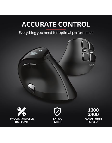 Trust Voxx Rechargeable Ergonomic Wireless Mouse, 2400dpi, 9 Buttons, USB, Bluetooth, Black (23731)