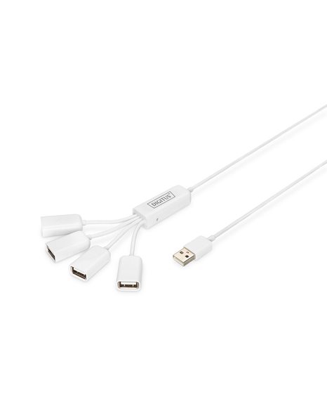 Digitus Slim Spider USB 2.0 Cable Hub, 4 ports USB-A/Female, 1xUSB-A Male, DC 2.5mm for Connection With External PSU, White (DA-70216)
