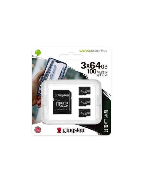 Kingston Canvas Select Plus microSDXC UHS-I 64GB, Read 100MB/S, SD Adapter, 3 Pack (SDCS2/64GB-3P1A)