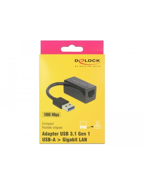 Delock Adapter SuperSpeed USB 3.1 Gen 1 Type-A Male To Gigabit LAN RJ45 jack Female, Black (65904)