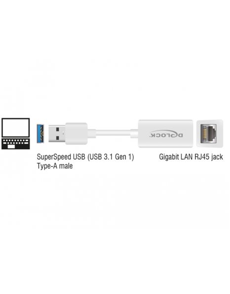 Delock Adapter SuperSpeed USB 3.1 Gen 1 Type-A Male To Gigabit LAN RJ45 Jack Female, White (65905)