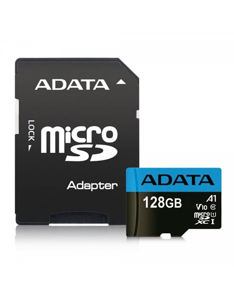 ADATA Premier microSDXC UHS1 Memory Card 128GB, SD Adapter, A1, V10, Class10 (AUSDX128GUICL10A1-RA1)
