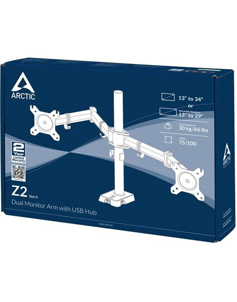 Arctic Z2 Gen3, Dual Monitor Arm With 4-Port USB2.0 Hub, Black (AEMNT00053A)