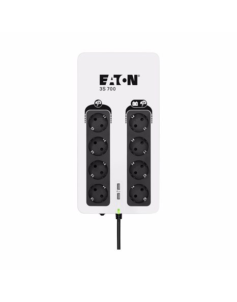 Eaton 3S700D, 700VA, 420 W, 4 Schuko, 4 Schuko surge only, USB charge 2, Tower, Black/White (3S700D)
